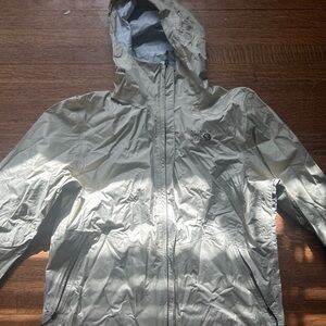 Mountain Hardwear Silver Raincoat with Hood and Water-Resistant Material